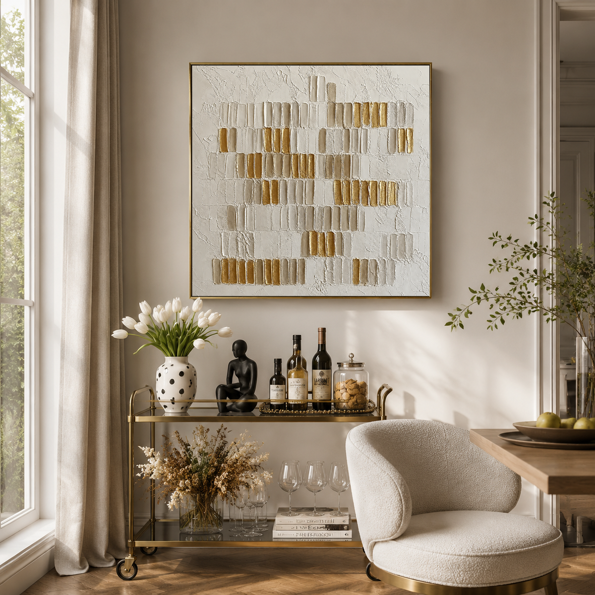 "Golden Rhythm" – Minimalist White & Gold Leaf Textured Acrylic Painting