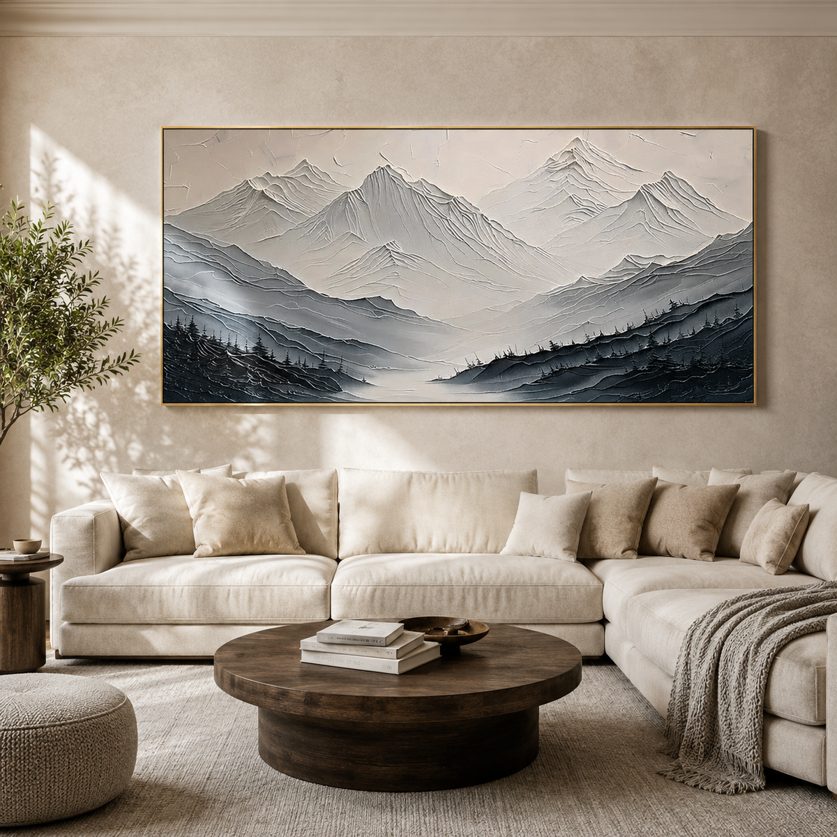"Ascension to Serenity" – Modern White and Grey Textured Mountain Impasto Painting