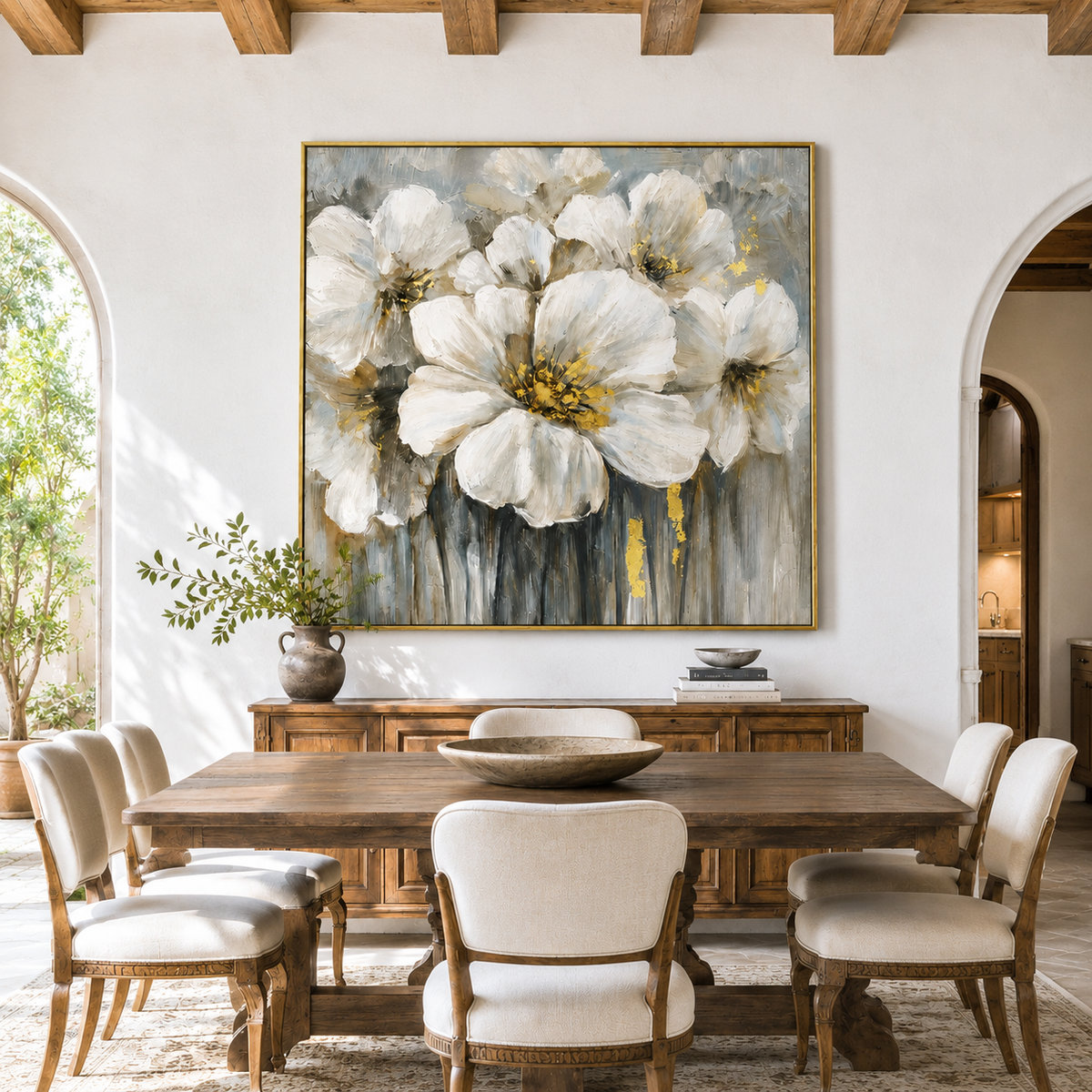 "Petals of Radiance" – Modern Textured White and Gold Floral Impasto Oil Painting