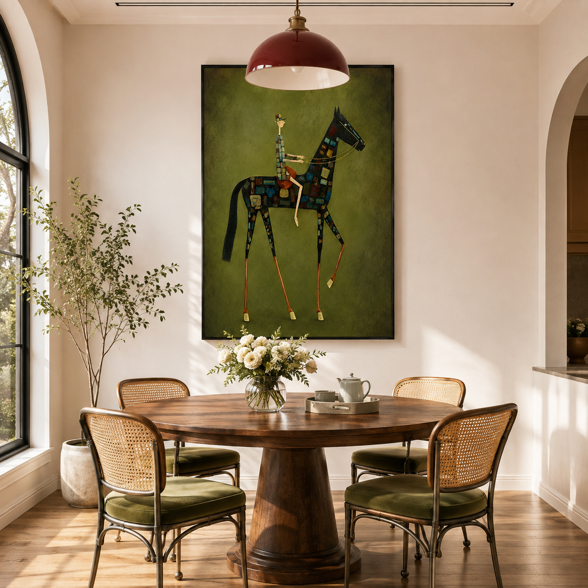 "The Mosaic Cavalier" – Whimsical Olive Green Equestrian Modern Oil Painting
