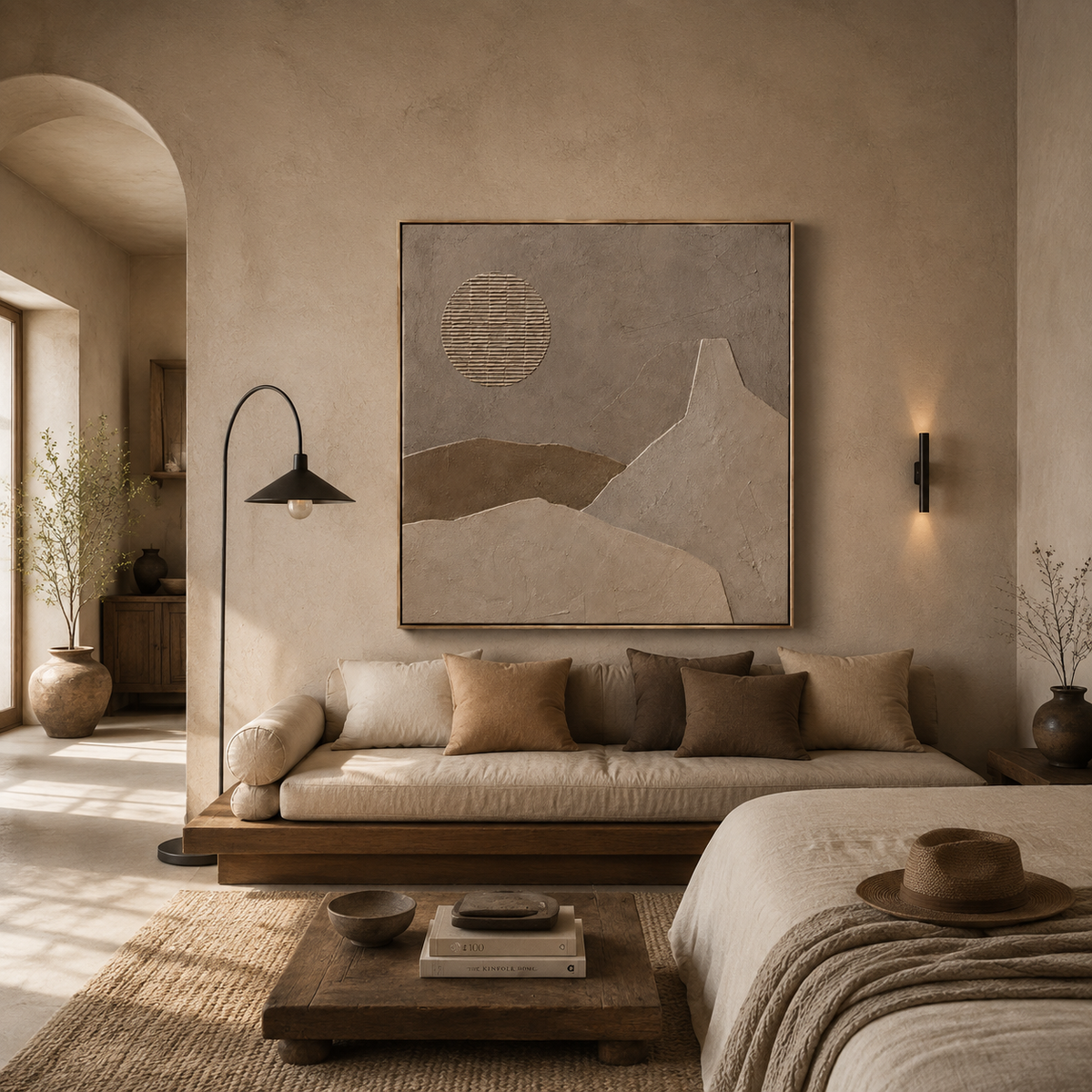 "Textured Moonland"—A Minimalist Relief Canvas Painting in Wabi-Sabi Earth Tones