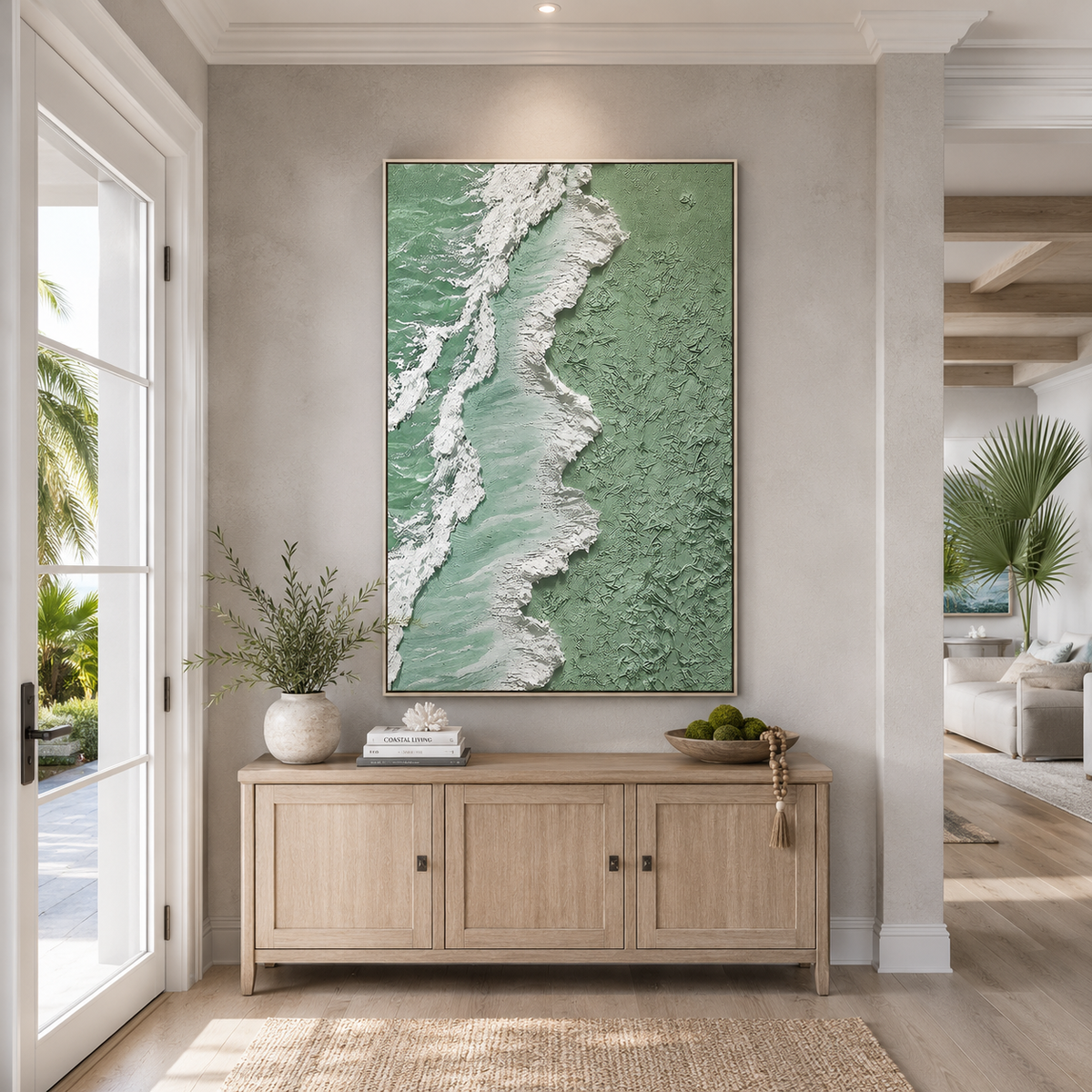 "Seafoam Shoreline" – Green Coastal Textured Abstract Painting