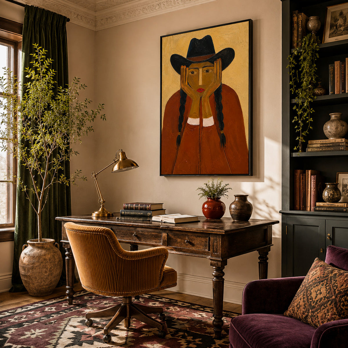 "The Prairie Reverie" – Textured Terracotta Modern Cowgirl Portrait Oil Painting