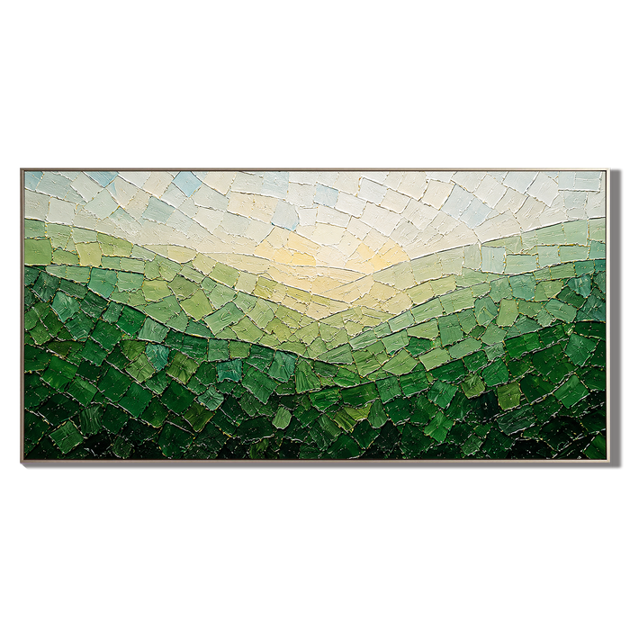 “Valley of Morning Light” – Green Mosaic Landscape Impasto Oil Painting
