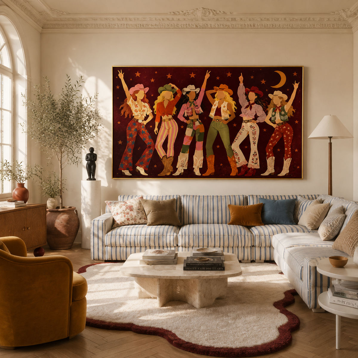 "Cosmic Cowgirls" – Retro Burgundy Boho Western Figurative Oil Painting