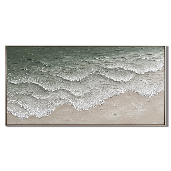 “Tidal Whisper” – Sage Green Coastal Wave Impasto Oil Painting