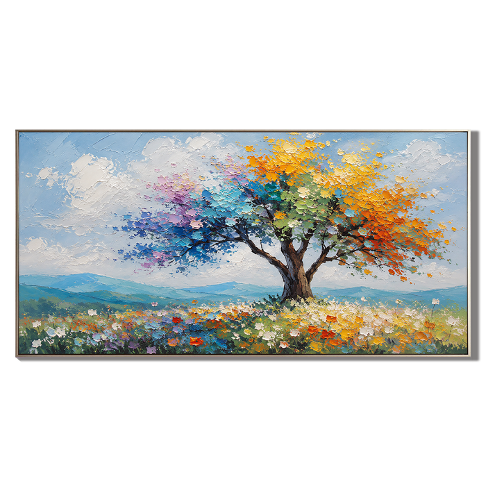 “Seasons in Bloom” – Colorful Tree Landscape Oil Painting