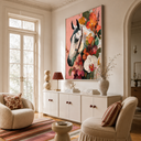 "Roseate Majesty" – Contemporary Floral Impasto White Horse Portrait