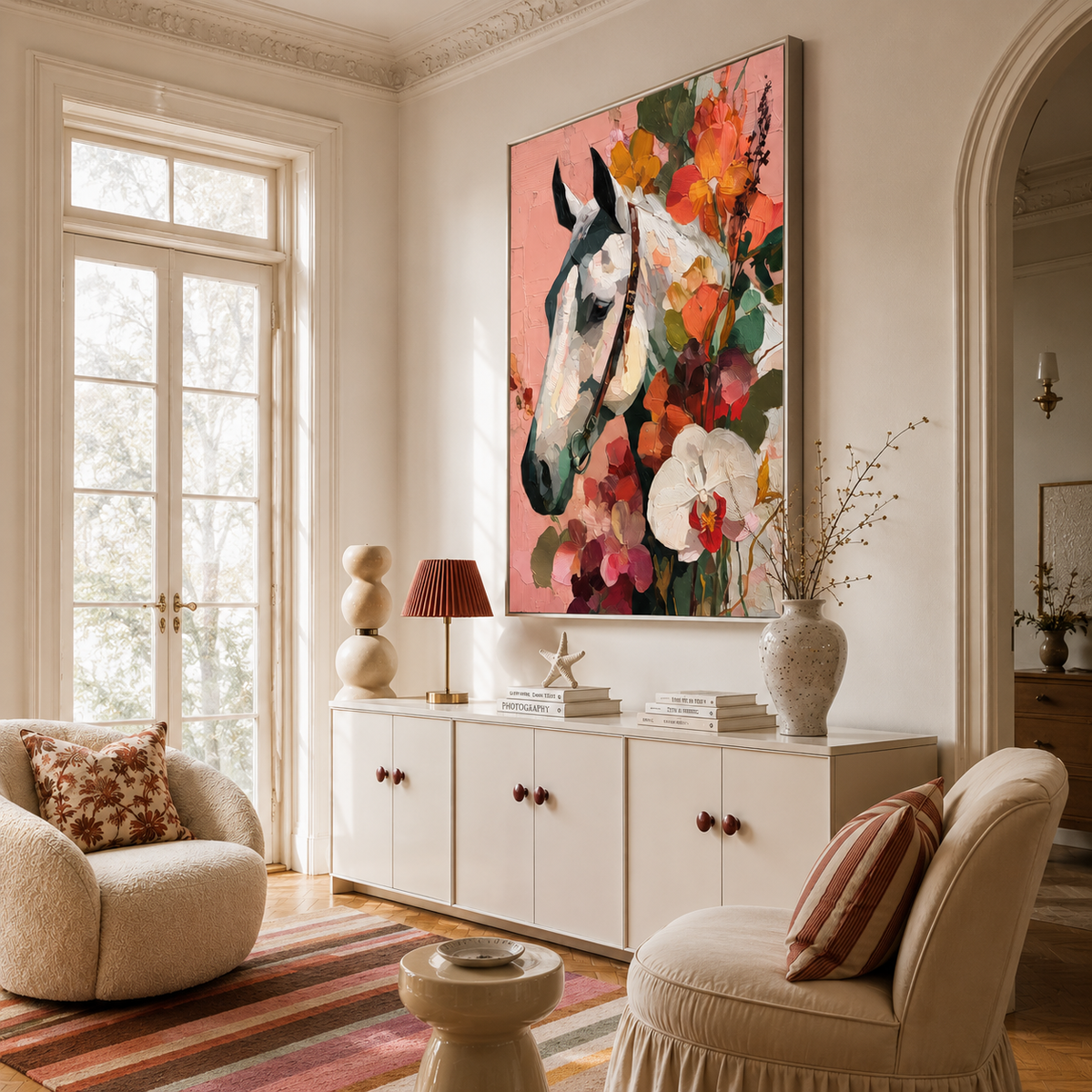 "Roseate Majesty" – Contemporary Floral Impasto White Horse Portrait
