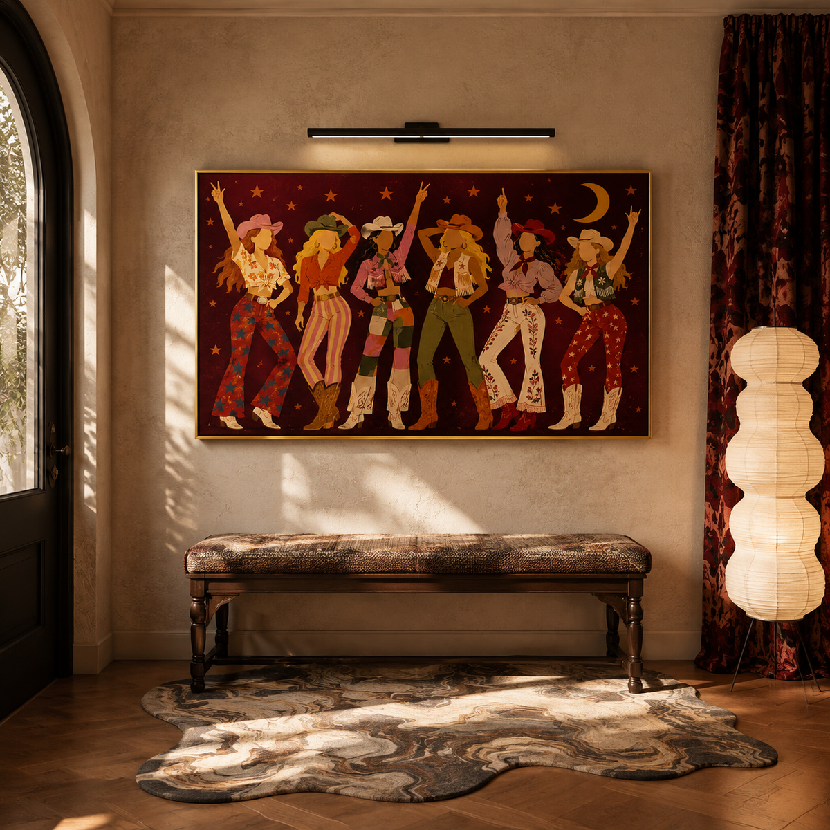 "Cosmic Cowgirls" – Retro Burgundy Boho Western Figurative Oil Painting