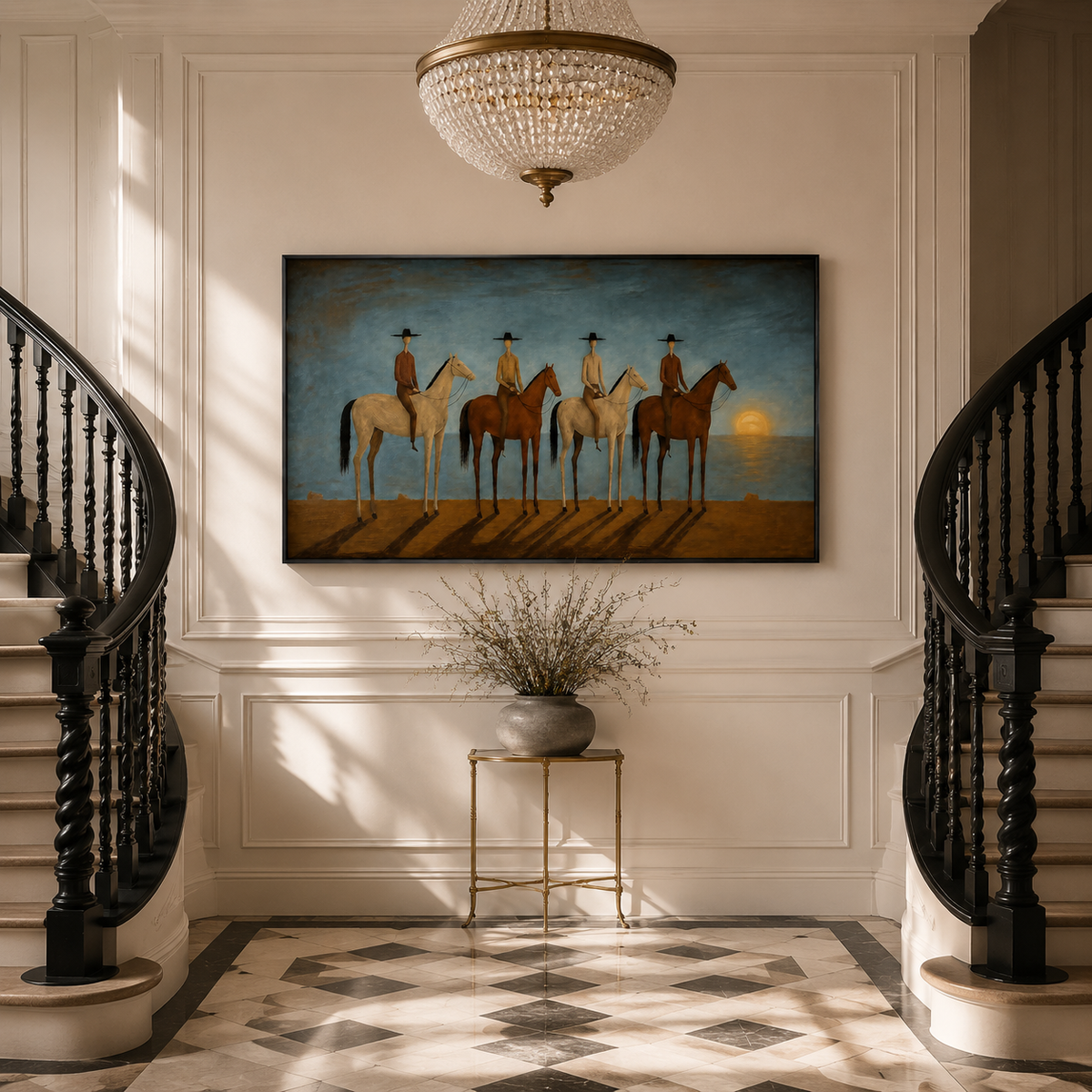 "Mysterious Night Traveling Team" – Naïve-Surrealist Four Horsemen Atmospheric Painting