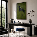 "Midnight Wanderer" – Folk-Surrealist Black Horse Olive Impasto Oil Painting