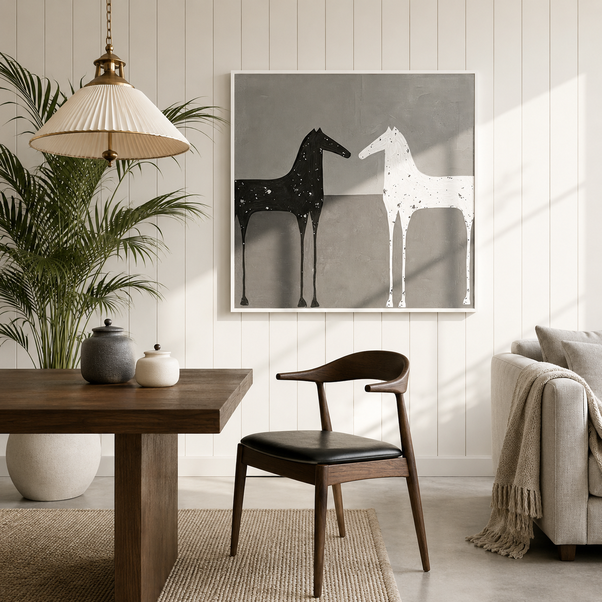 “Silent Encounter” – Minimalist Black and White Horse Oil Painting