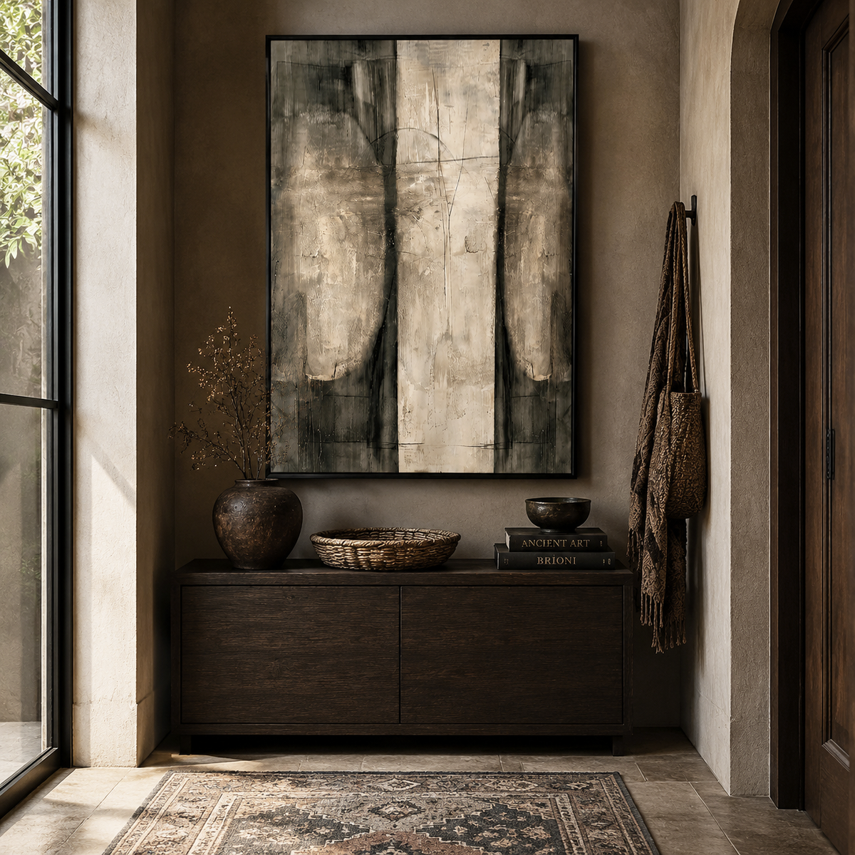 "Monolithic Echo" – Wabi-Sabi Textured Taupe Grey Abstract Oil Painting