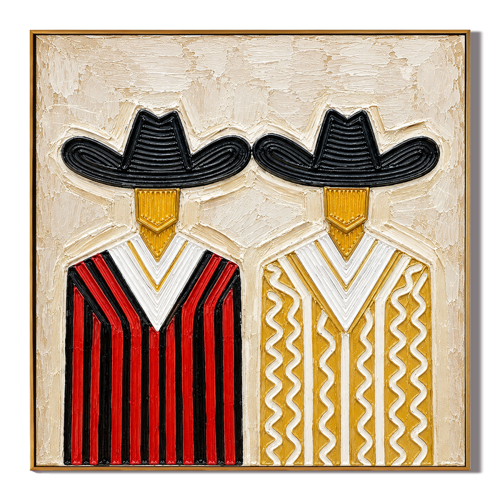 "Western Companions" – Dual Cowboy Textured Oil Painting in Red and Gold