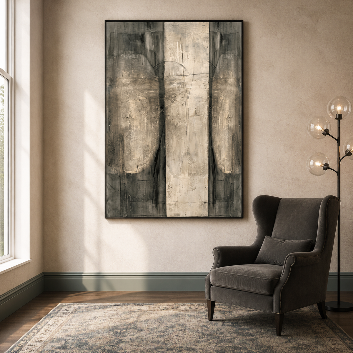 "Monolithic Echo" – Wabi-Sabi Textured Taupe Grey Abstract Oil Painting
