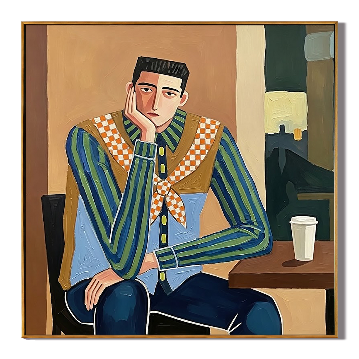 "Café Drifter" – Modern Western Man Oil Painting in Blue and Camel