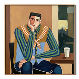 "Café Drifter" – Modern Western Man Oil Painting in Blue and Camel