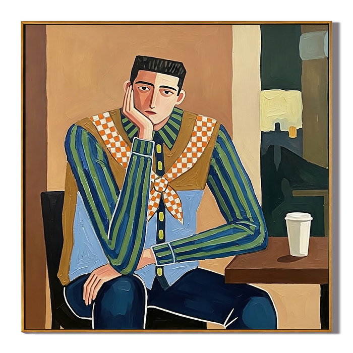 "Café Drifter" – Modern Western Man Oil Painting in Blue and Camel