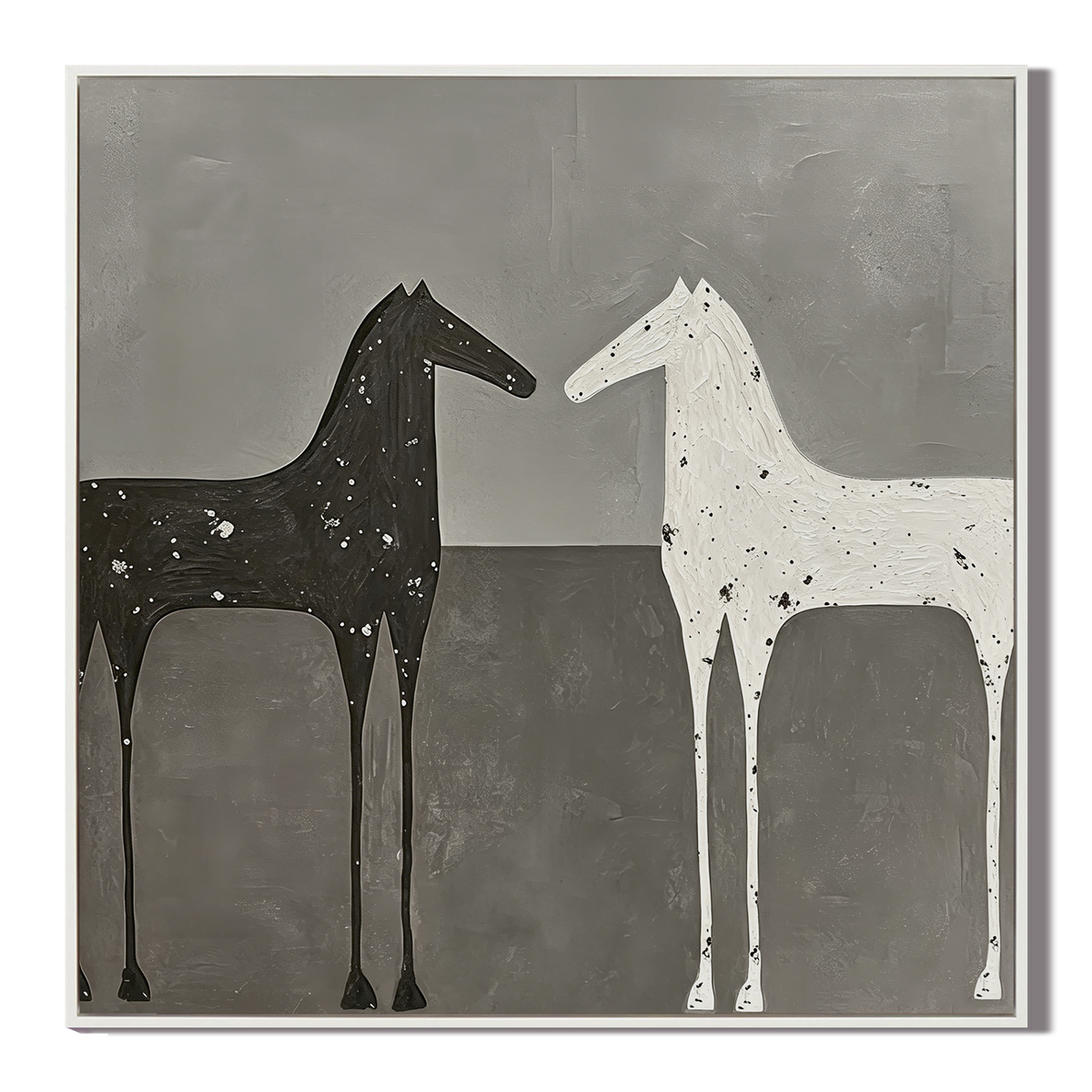 “Silent Encounter” – Minimalist Black and White Horse Oil Painting