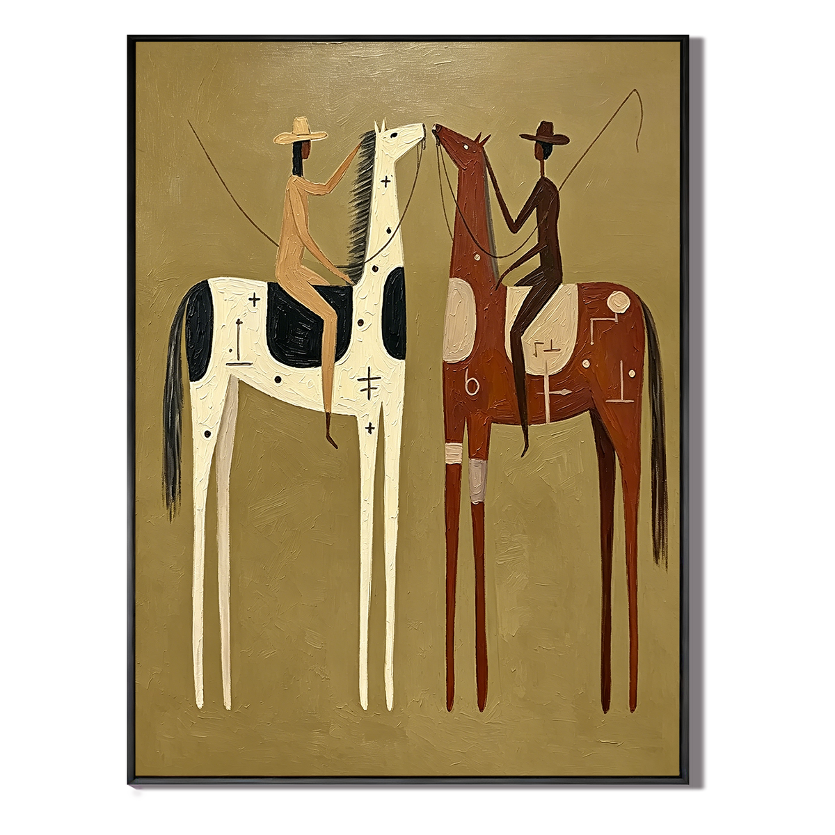 “Desert Companions” – Vintage Western Cowboy Folk Art Oil Painting