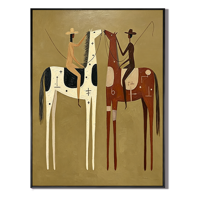 “Desert Companions” – Vintage Western Cowboy Folk Art Oil Painting