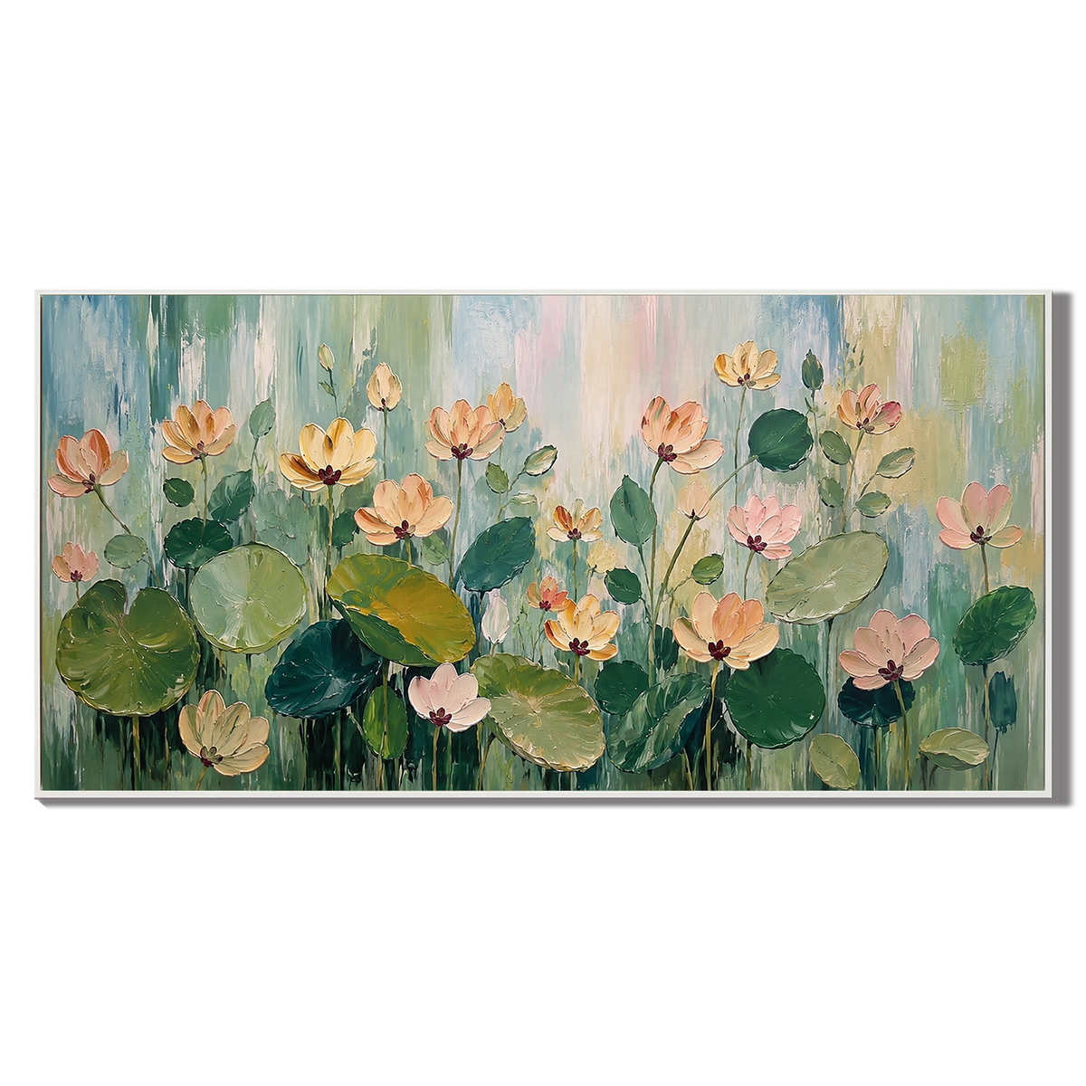 “Lotus Garden Serenade” – Soft Green Floral Impasto Oil Painting