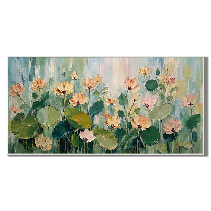 “Lotus Garden Serenade” – Soft Green Floral Impasto Oil Painting