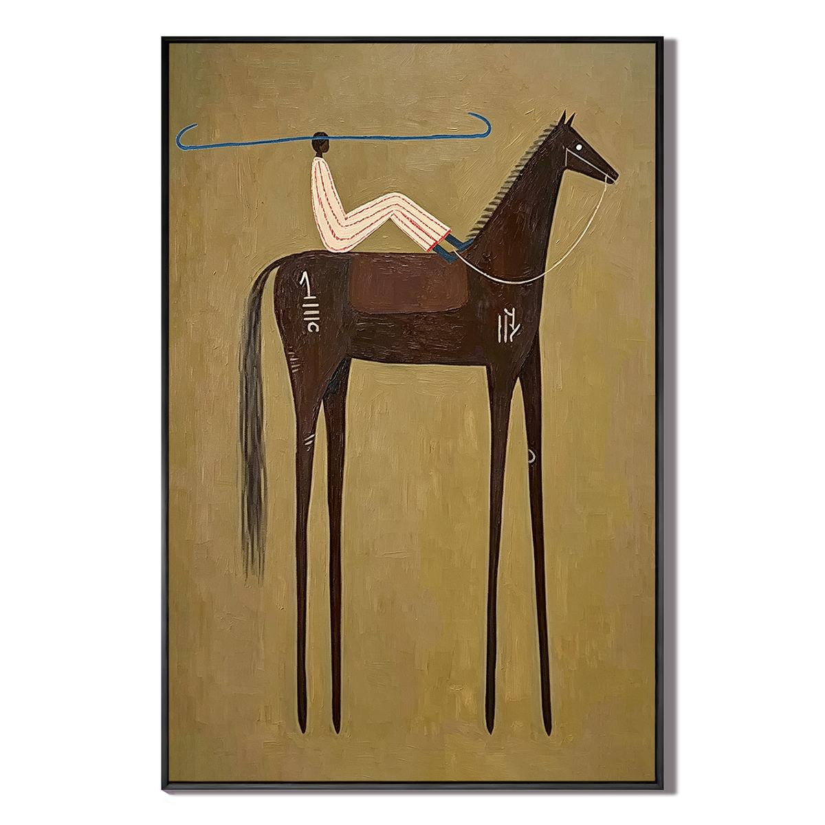 “Nomad’s Blue Line” – Minimalist Western Brown Horse Folk Art Oil Painting