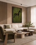 "The Mosaic Cavalier" – Whimsical Olive Green Equestrian Modern Oil Painting