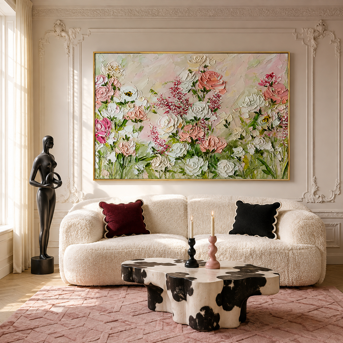 "Romantic Flower Language" – Textured Pink and White Rose Impasto Oil Painting