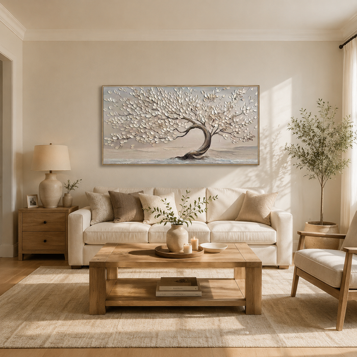 “Whispering Branches” – Wabi-Sabi Beige Tree Panoramic Hand-Painted Canvas Art