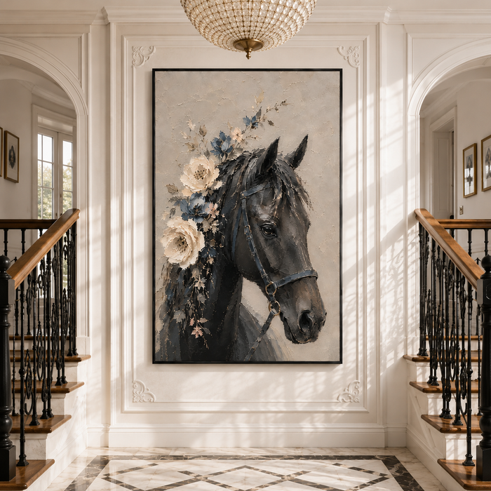 "Eternal Tenderness" – Textural High-Relief Black Horse with Peony Wreath