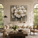 "Petals of Radiance" – Modern Textured White and Gold Floral Impasto Oil Painting
