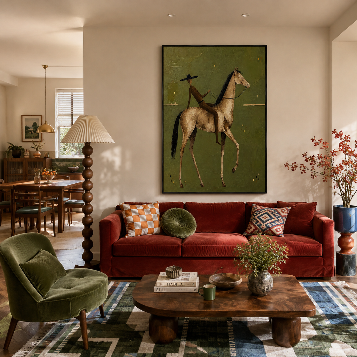 "The Quiet Wanderer" – Textured Modern Olive Green Equestrian Oil Painting