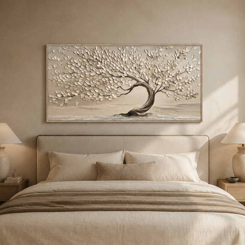 “Whispering Branches” – Wabi-Sabi Beige Tree Panoramic Hand-Painted Canvas Art