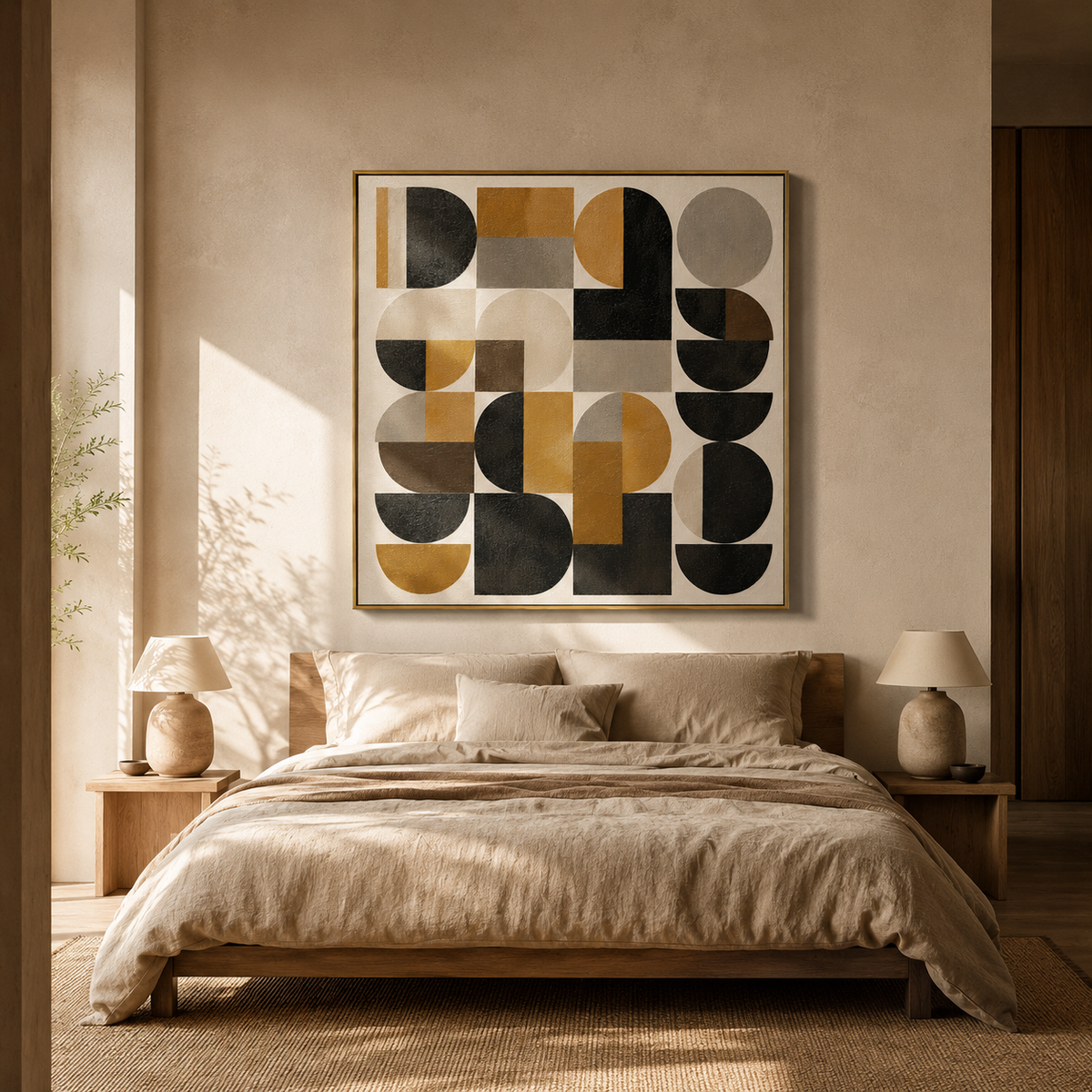 "Retro Geometry" – Bauhaus Black Mustard Abstract Painting