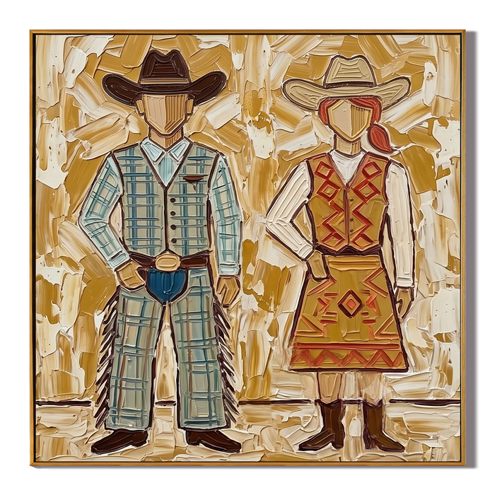 “Prairie Sweethearts” – Vintage Western Cowboy Couple Textured Oil Painting