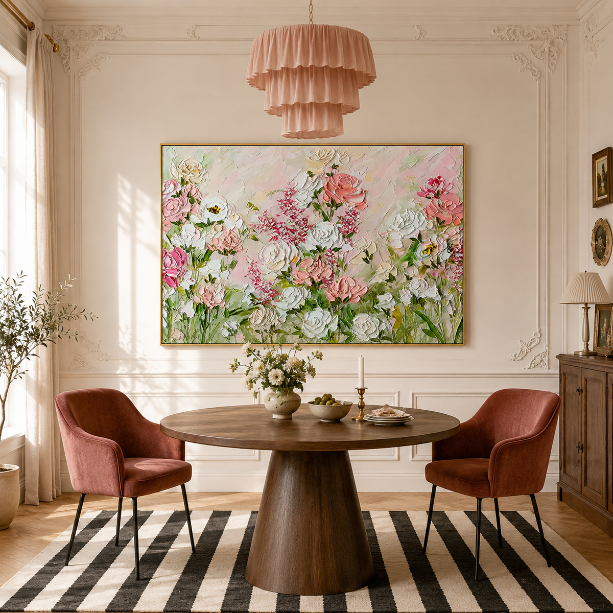 "Romantic Flower Language" – Textured Pink and White Rose Impasto Oil Painting