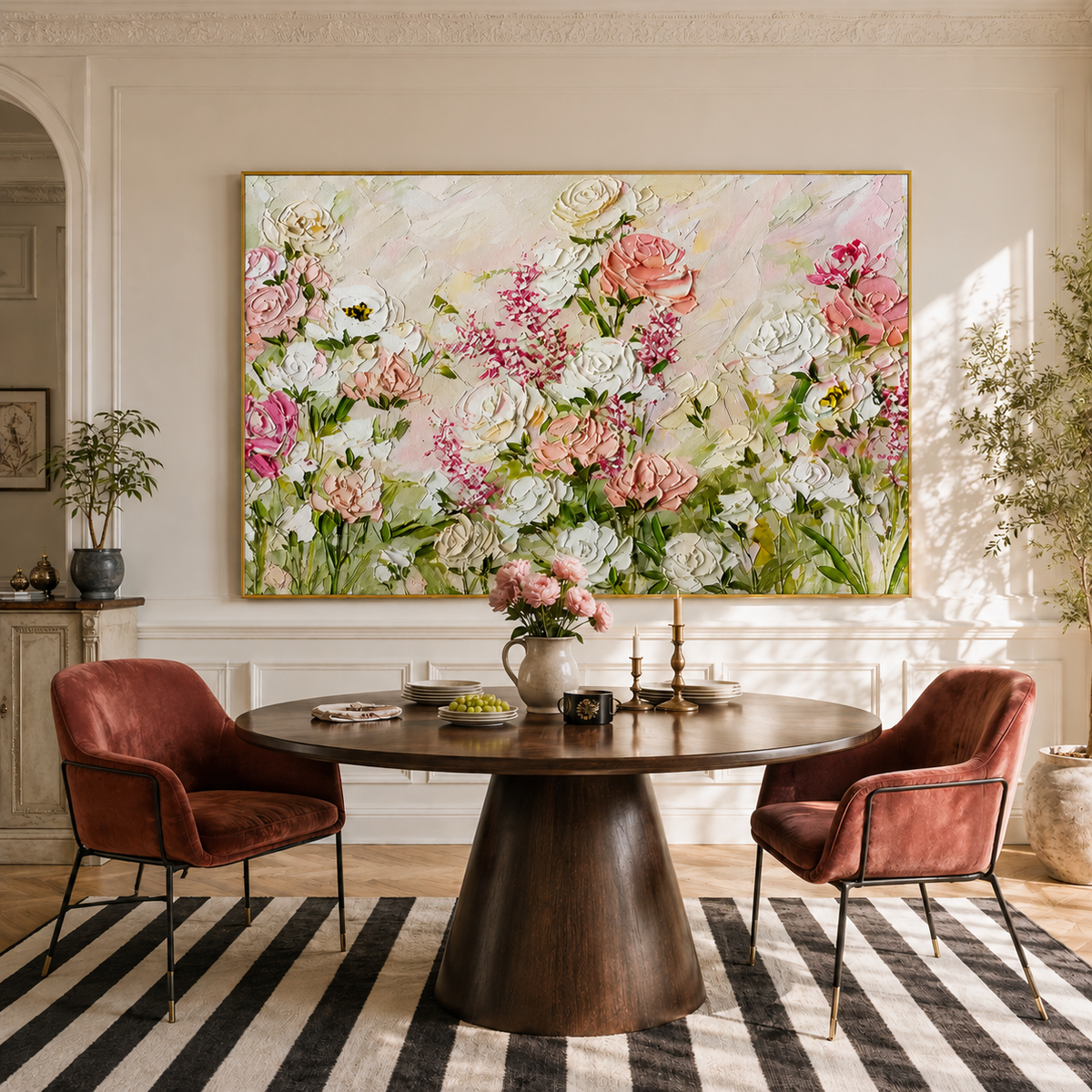 "Romantic Flower Language" – Textured Pink and White Rose Impasto Oil Painting