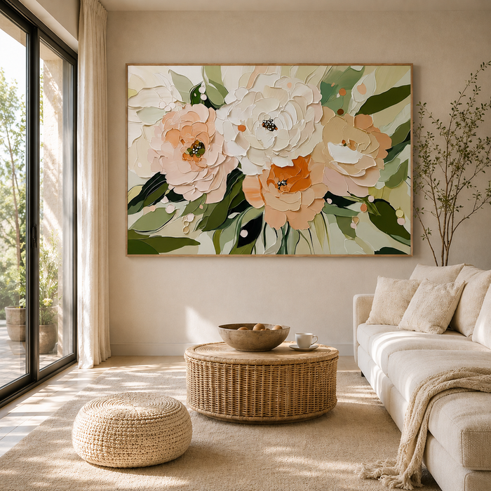 "Flowers in full bloom" – Modern Heavy Impasto Floral Palette Knife Oil Painting