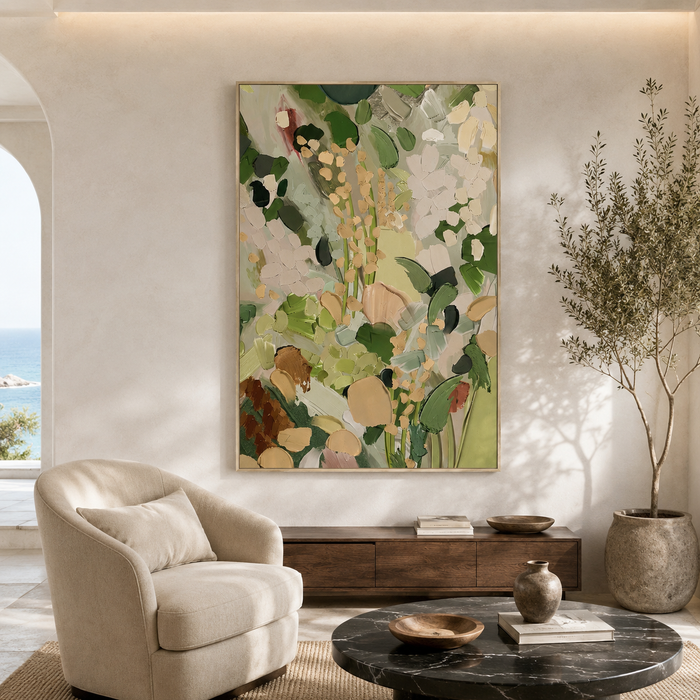 "Morning Reverie" – Textured Sage Green & Blush Botanical Abstract Oil Painting