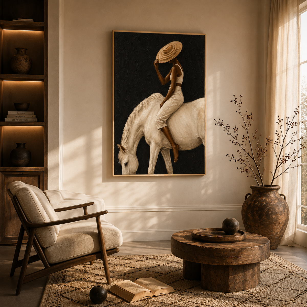 "Equine Reverie" – Minimalist Ivory & Charcoal Textured Equestrian Oil Painting