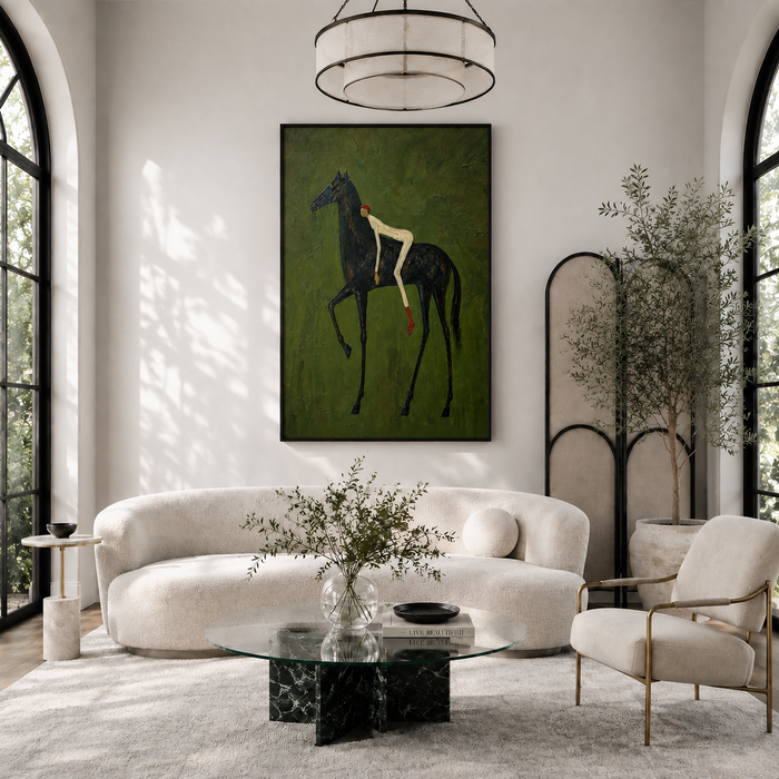 "Midnight Wanderer" – Folk-Surrealist Black Horse Olive Impasto Oil Painting