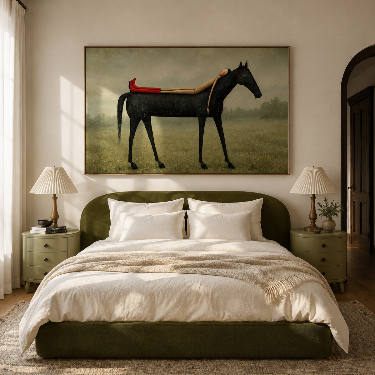 "The Long Nap" – Folk-Surrealist Muted Field Painting with Red Boots
