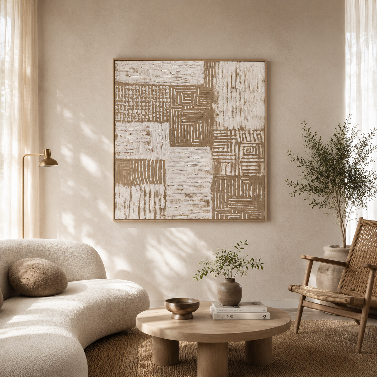 "Long Time" - Wabi-sabi Style Off-White Collage Abstract Acrylic Painting