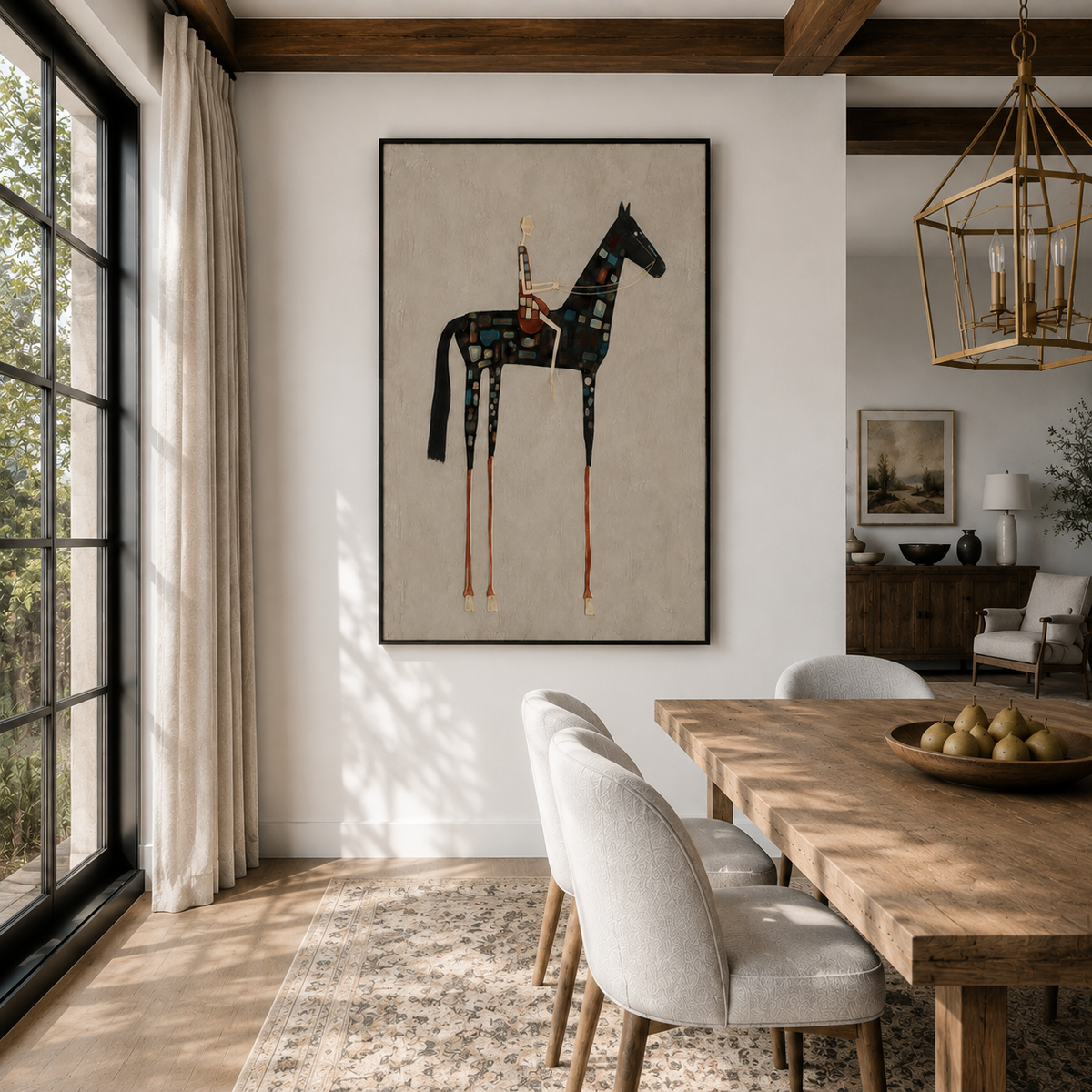 "Mosaic Stride" – Folk-Surrealist Elongated Horse Beige Impasto Oil Painting