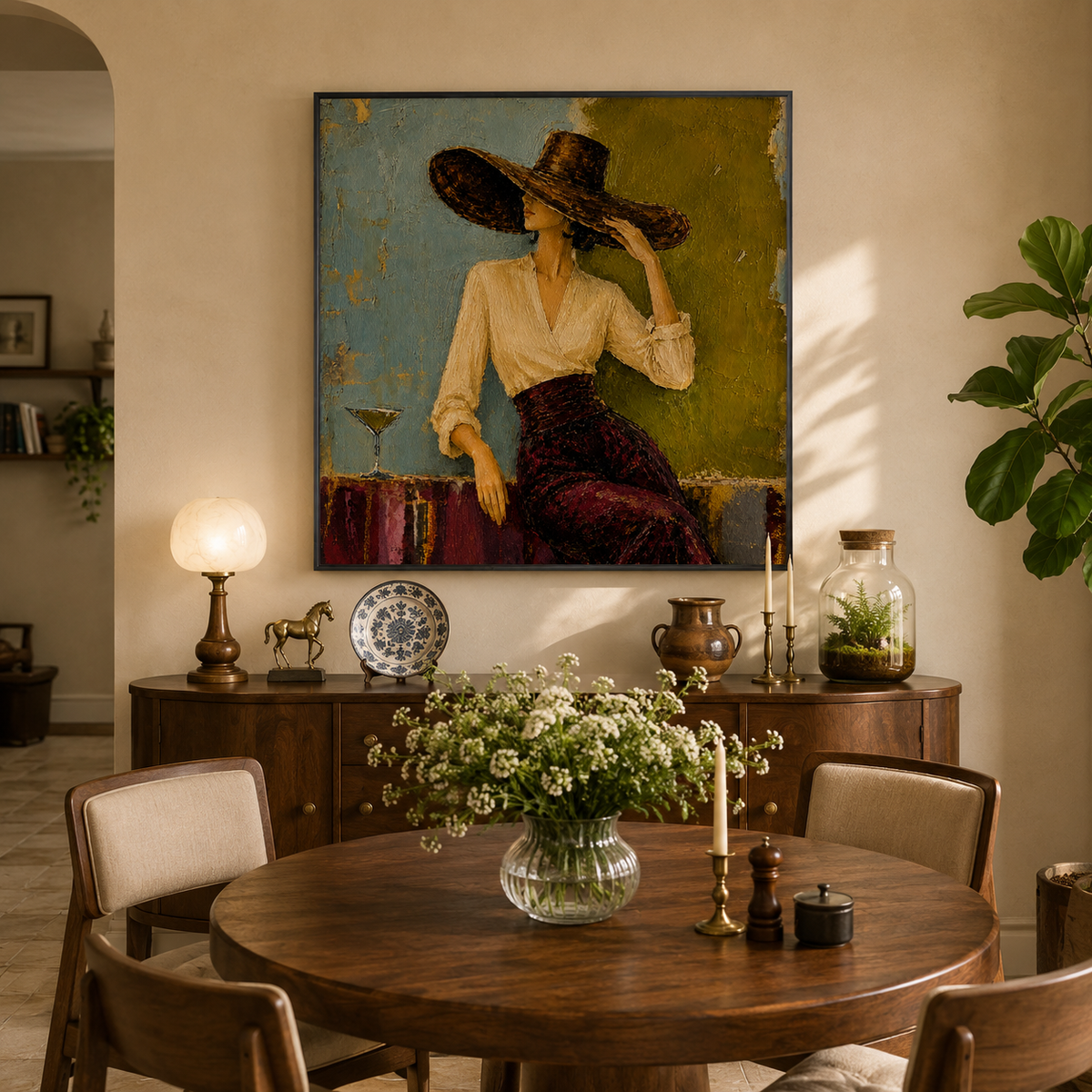 "Twilight Martini" – Vintage Chic Figurative Palette Knife Oil Painting