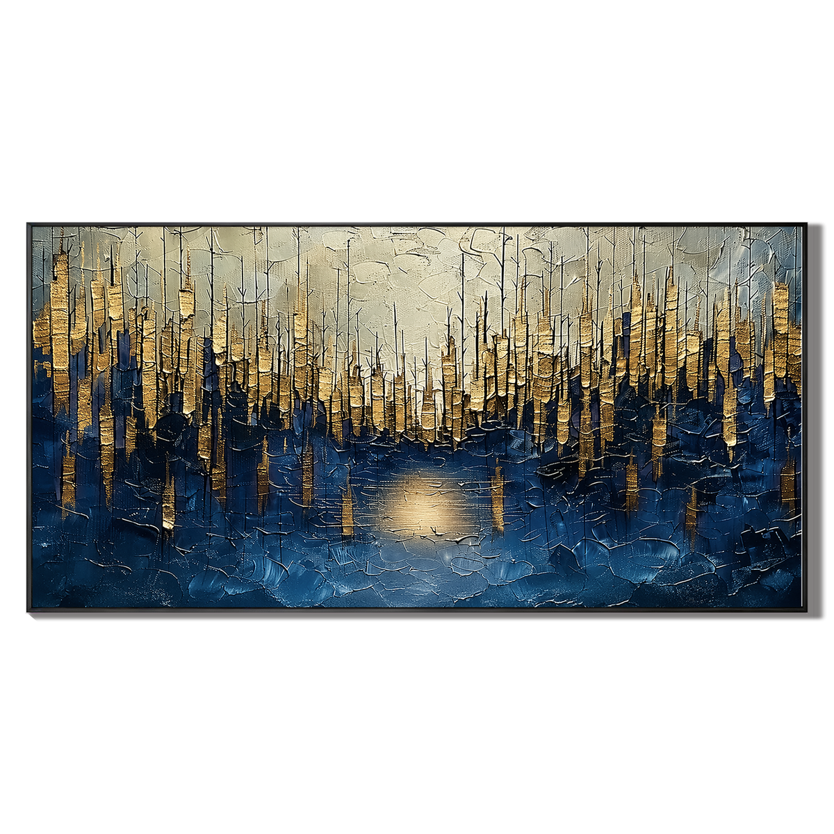“Golden Metropolis” – Blue and Gold Abstract Cityscape Oil Painting