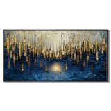“Golden Metropolis” – Blue and Gold Abstract Cityscape Oil Painting